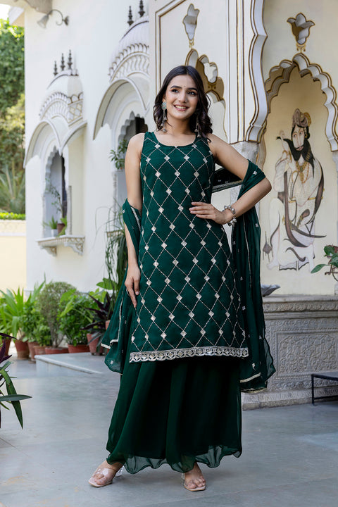 Green Embroidered Kurta With Wide Leg Palazzo and Dupatta