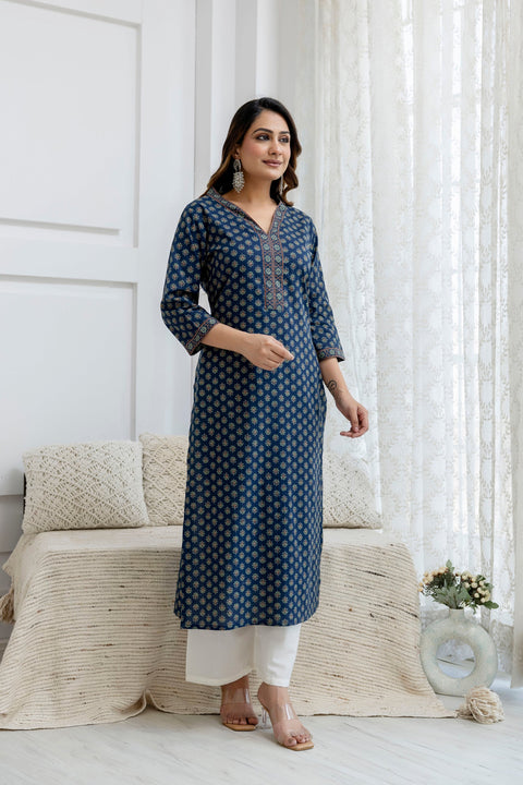 Women Blue Printed Straight Kurta with Three Quarter Sleeves