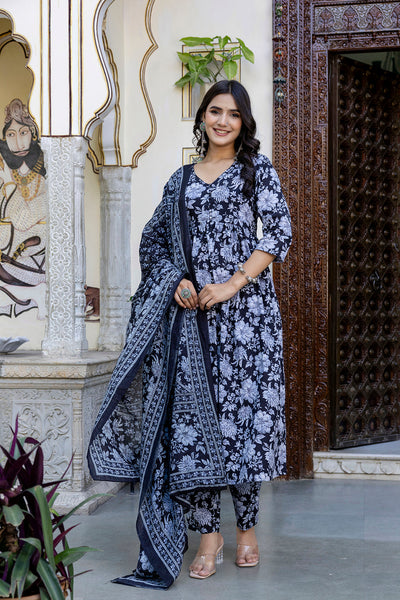 Women Black Floral Printed Anarkali Kurta And Trouser With Dupatta