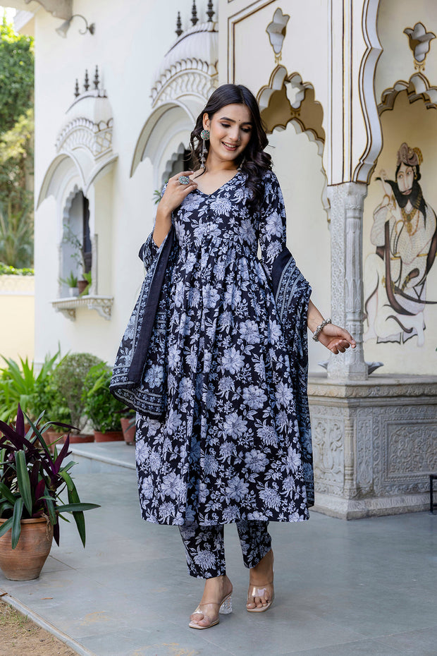 Women Black Floral Printed Anarkali Kurta And Trouser With Dupatta