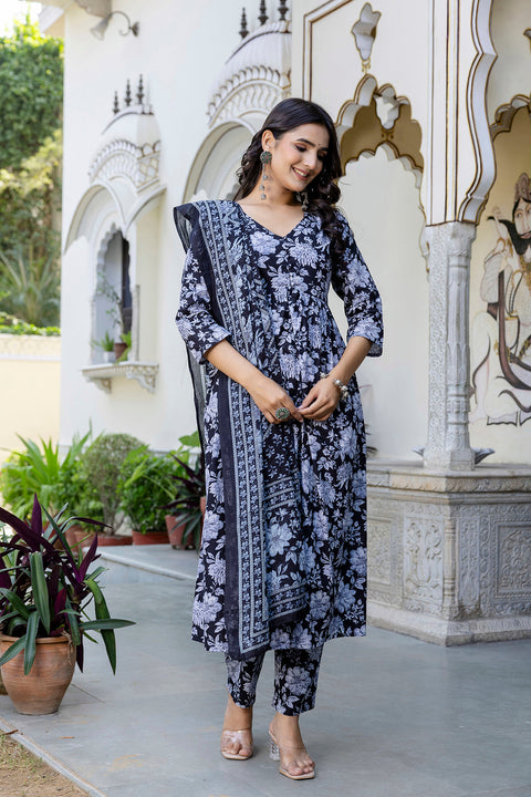 Women Black Floral Printed Anarkali Kurta And Trouser With Dupatta