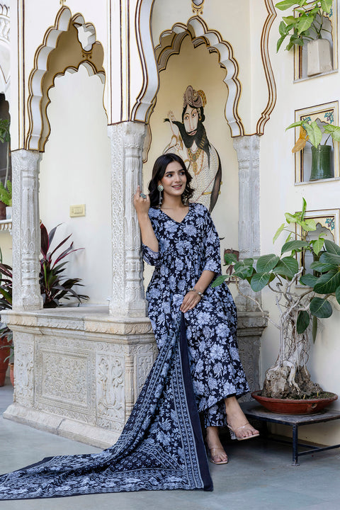 Women Black Floral Printed Anarkali Kurta And Trouser With Dupatta