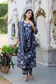 Women Black Floral Printed Anarkali Kurta And Trouser With Dupatta