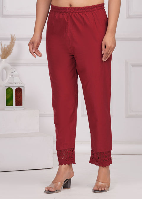 Women Maroon Solid Palazzo with Lace Detailing