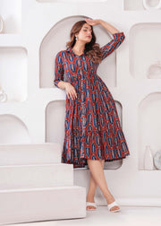 Women Maroon Ethnic Printed Flared Dress