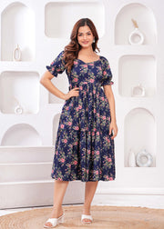 Women Navy Blue Ethnic Printed Flared Dress