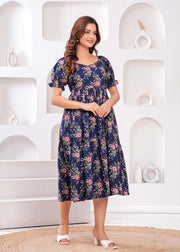 Women Navy Blue Ethnic Printed Flared Dress