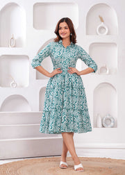 Turquoise Blue Ethnic Printed Flared Dress for Women