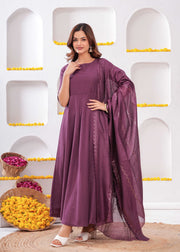 Women Purple Flared Dress with Dupatta