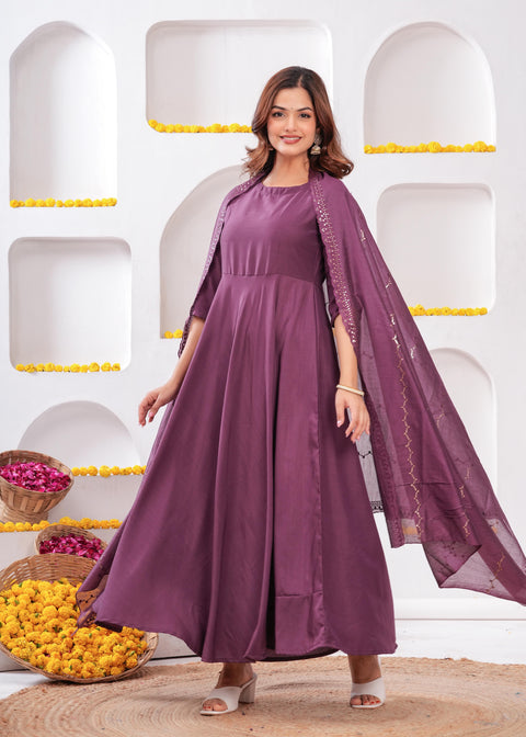 Women Purple Flared Dress with Dupatta