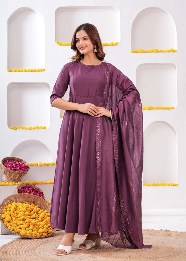 Women Purple Flared Dress with Dupatta