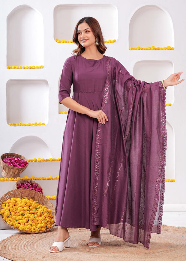 Women Purple Flared Dress with Dupatta