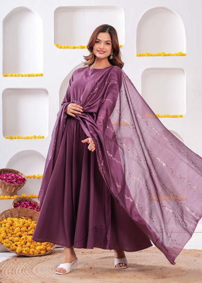 Women Purple Flared Dress with Dupatta