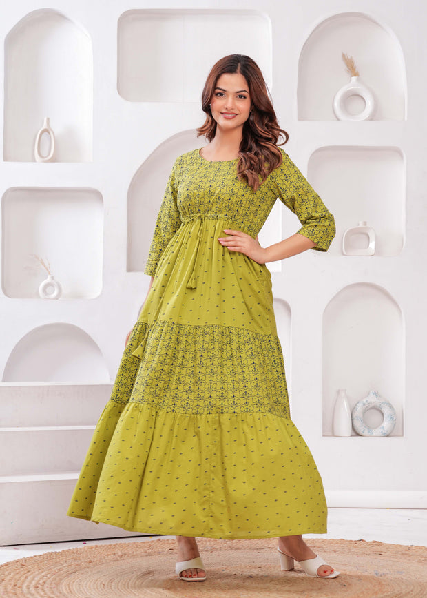 Green Ethnic Printed Flared Dress for Women