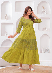 Green Ethnic Printed Flared Dress for Women