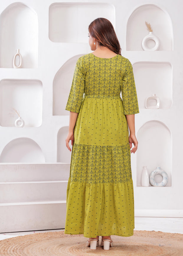 Green Ethnic Printed Flared Dress for Women