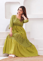 Green Ethnic Printed Flared Dress for Women