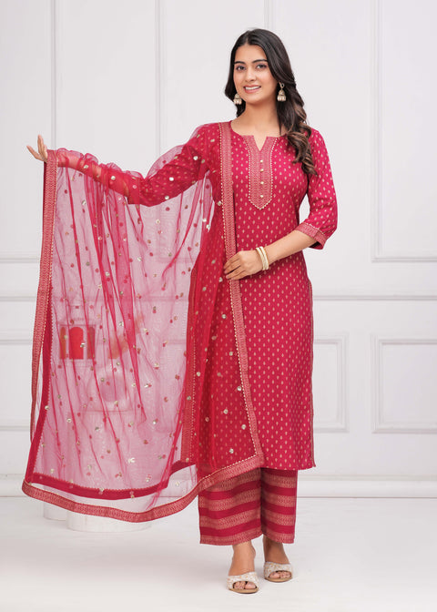 Pink Gold Printed Straight Kurta Set With Net Dupatta for Women