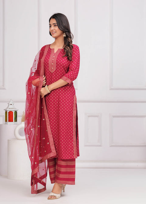 Pink Gold Printed Straight Kurta Set With Net Dupatta for Women