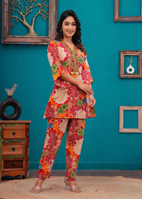 Red Floral Printed Co-Ord set for Women