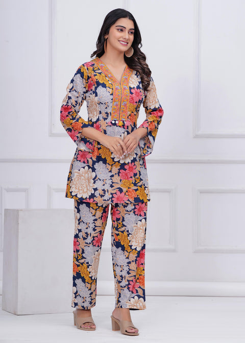 Blue Floral Printed Co-Ord set for Women