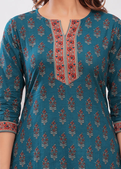 Women Teal Blue Printed Straight Tunic