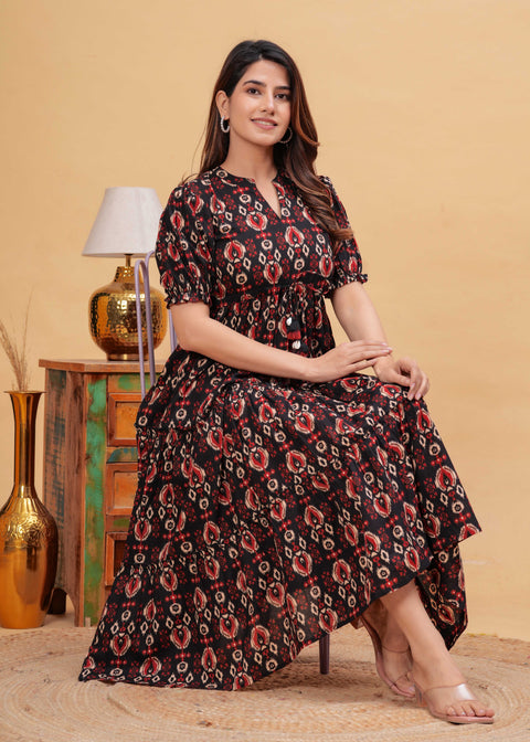 Black Abstract Printed Flared Dress for Women Nayo Clothing Black Abstract Printed Flared Dress for Women Nayo Clothing