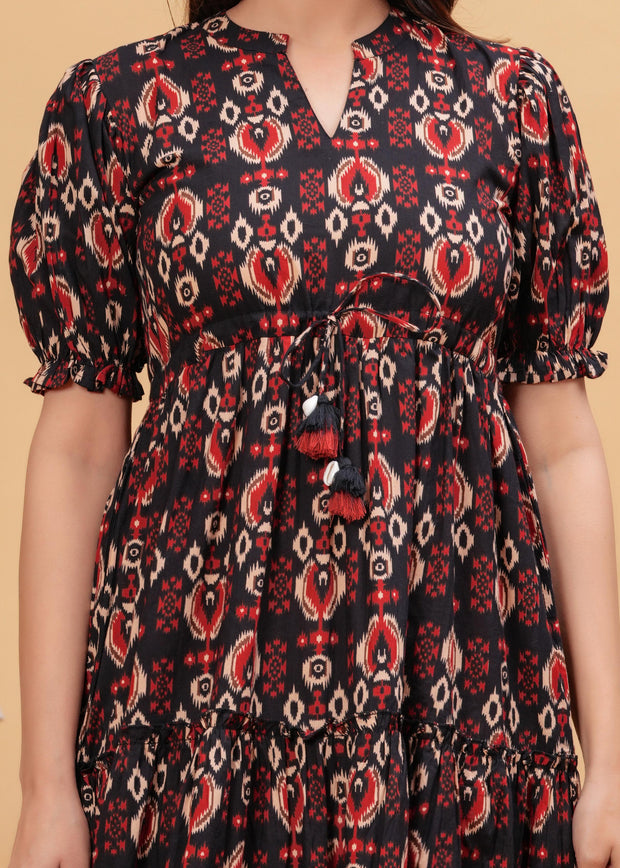 Black Abstract Printed Flared Dress for Women