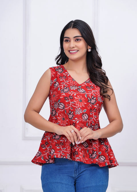 Red Floral Printed Peplum Tunic for Women