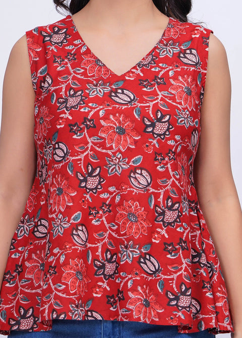 Red Floral Printed Peplum Tunic for Women