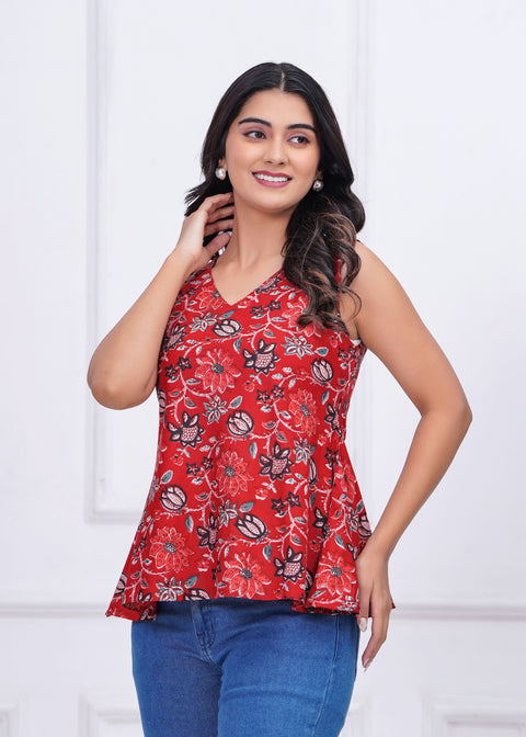 Red Floral Printed Peplum Tunic for Women