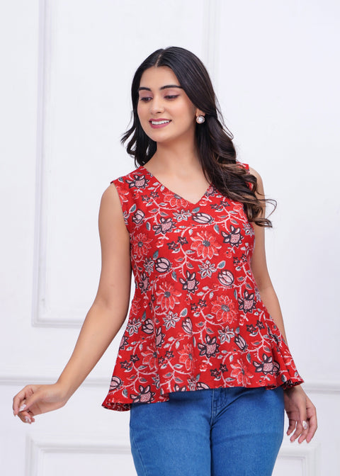 Red Floral Printed Peplum Tunic for Women