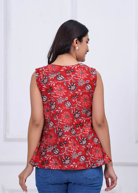 Red Floral Printed Peplum Tunic for Women