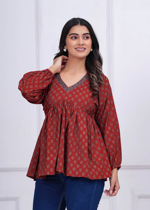 Women Maroon Printed Peplum Tunic