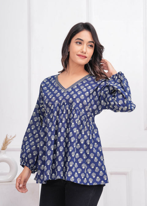 Blue Ethnic Printed Peplum TunicFor Women