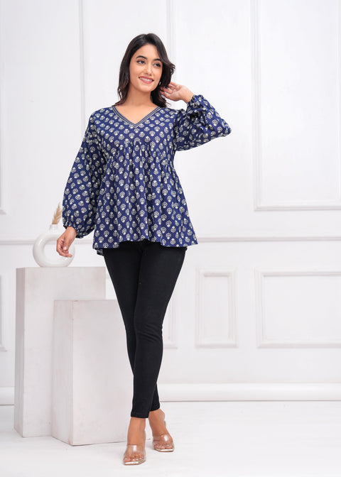 Blue Ethnic Printed Peplum TunicFor Women