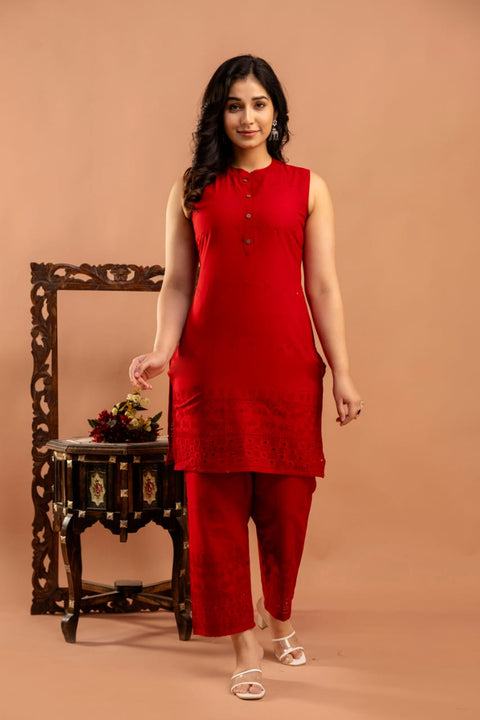 Red Schifli Sleeveless Co-Ord set for Women