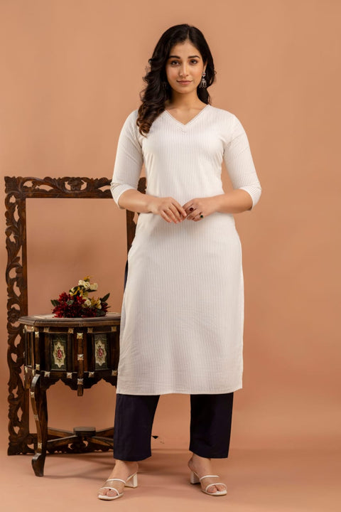 White Striped Straight Kurta with Three Quarter Sleeves