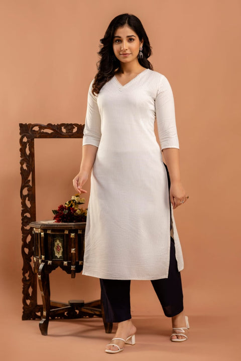 White Striped Straight Kurta with Three Quarter Sleeves