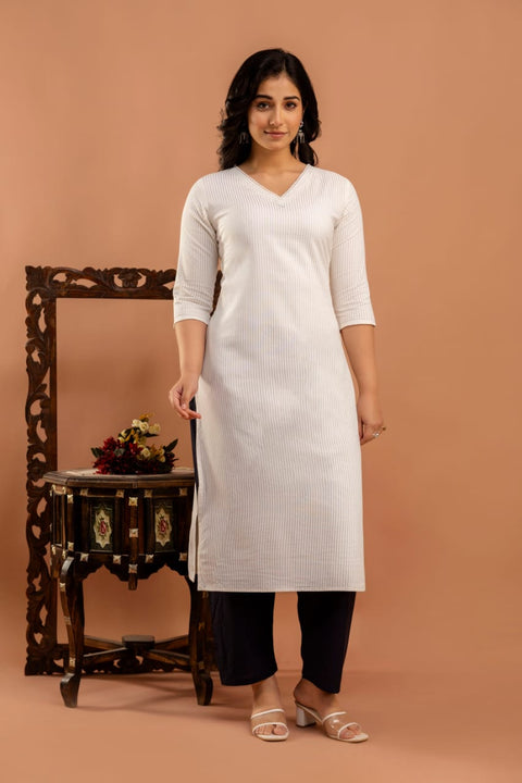 White Striped Straight Kurta with Three Quarter Sleeves