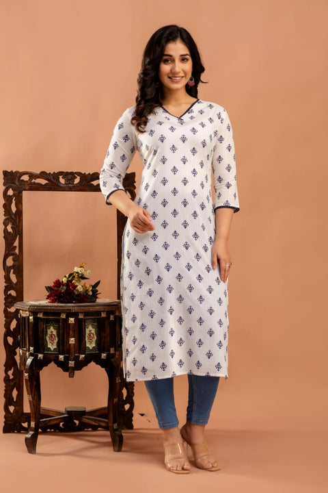 White Ethnic Printed Straight Kurta with Three Quarter Sleeves