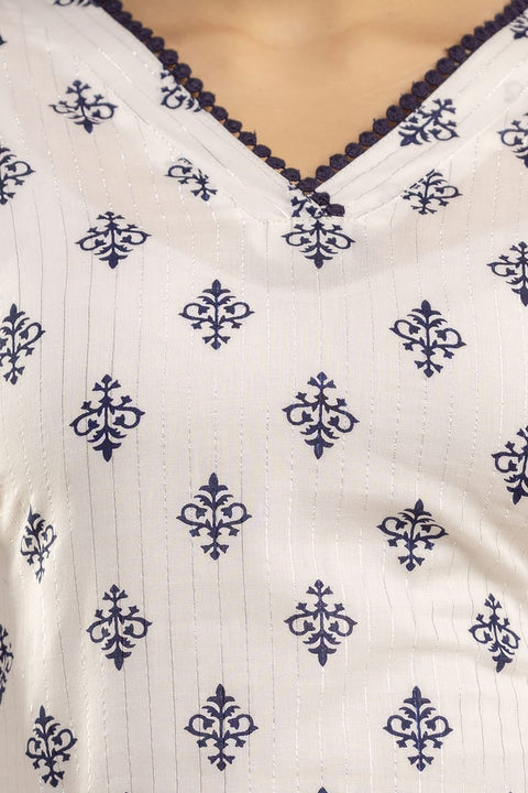 White Ethnic Printed Straight Kurta with Three Quarter Sleeves