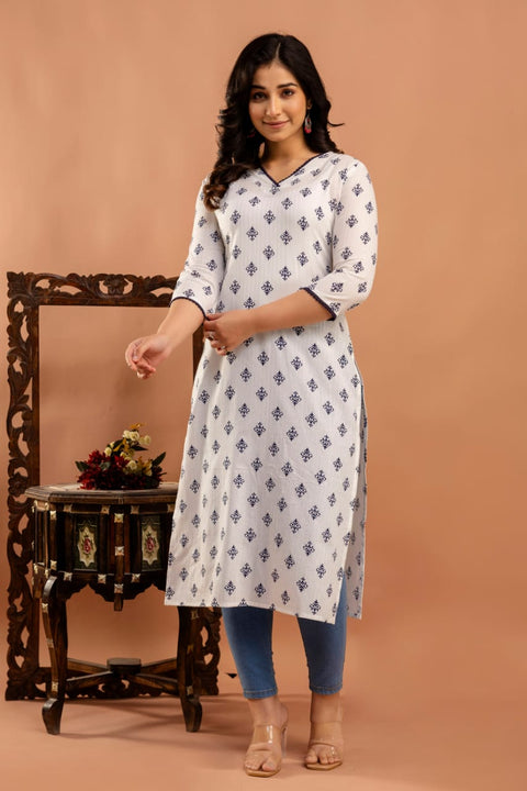 White Ethnic Printed Straight Kurta with Three Quarter Sleeves