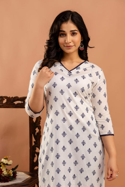 White Ethnic Printed Straight Kurta with Three Quarter Sleeves