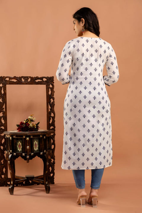 White Ethnic Printed Straight Kurta with Three Quarter Sleeves