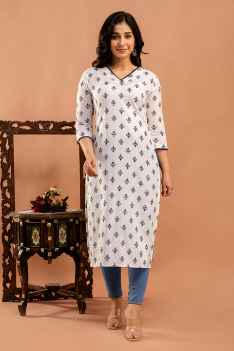 White Ethnic Printed Straight Kurta with Three Quarter Sleeves