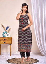 Women Black Printed Straight Sleeveless Kurta