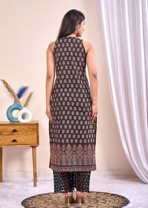 Women Black Printed Straight Sleeveless Kurta