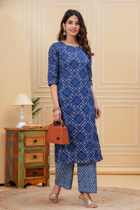 Blue Printed Straight Kurta With Palazzo for Women