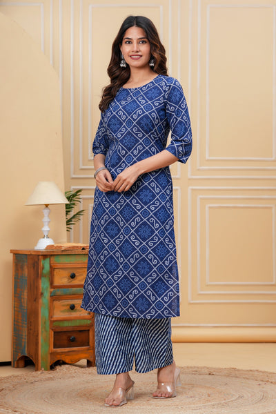 Blue Printed Straight Kurta With Palazzo for Women